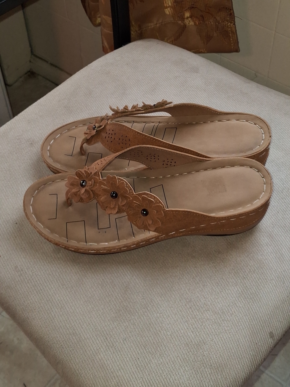 Brown Floral Wedge Thong Sandals - Women